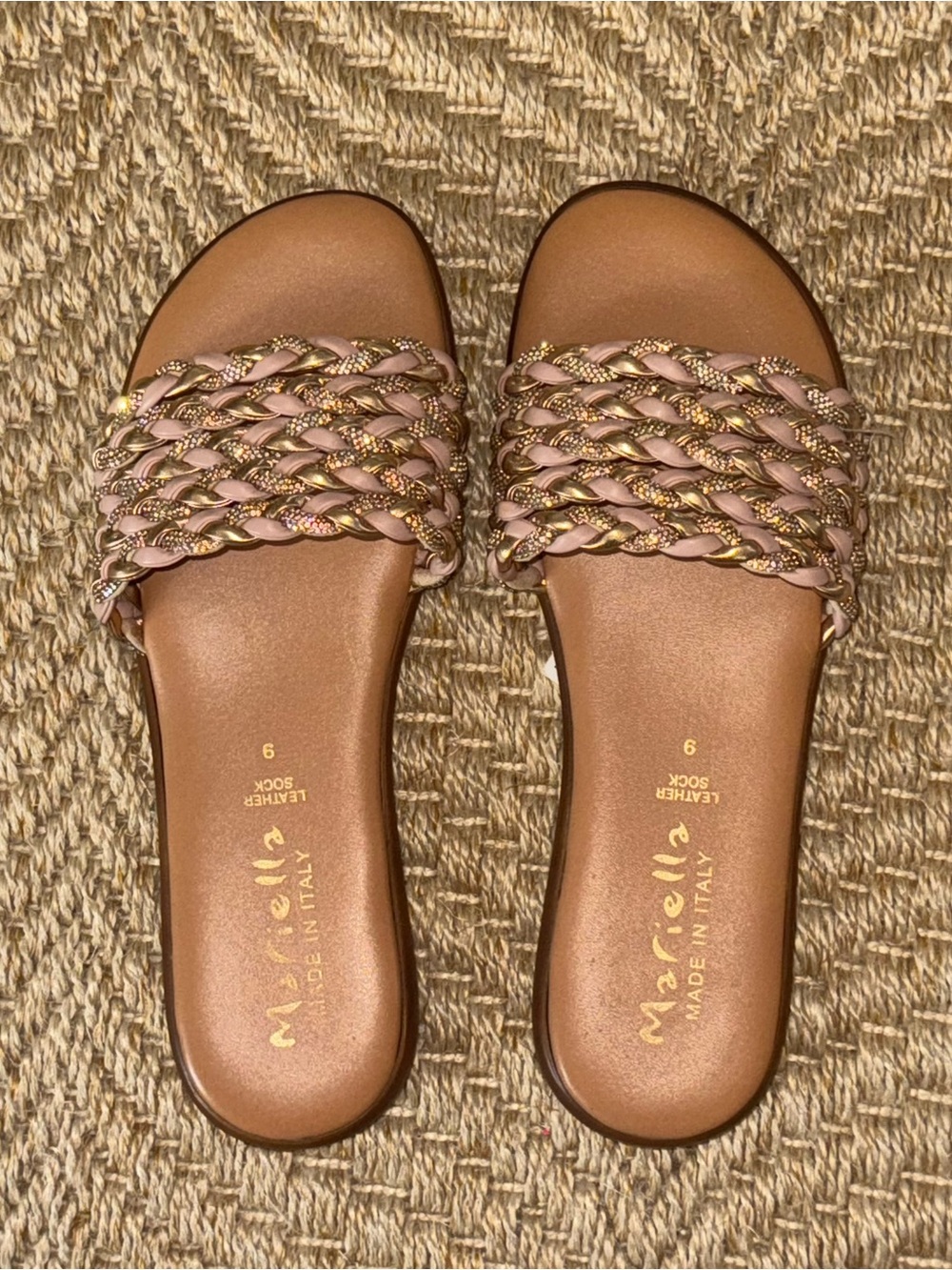 MARIELLA Blush Pink Braided Slide Sandals Rose Gold Rhinestone Size 9 Italy